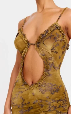 Green Floral Printed Devore Cut Out Cami Split Hem Maxi Dress