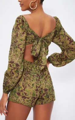 Green Floral Printed Tie Back Cut Out Romper