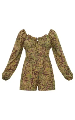 Green Floral Printed Tie Back Cut Out Romper