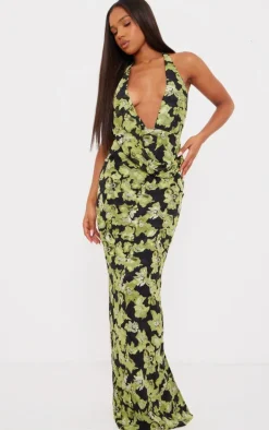 Green Floral Printed Woven Wrap Cowl Neck Maxi Dress