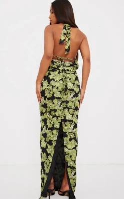 Green Floral Printed Woven Wrap Cowl Neck Maxi Dress