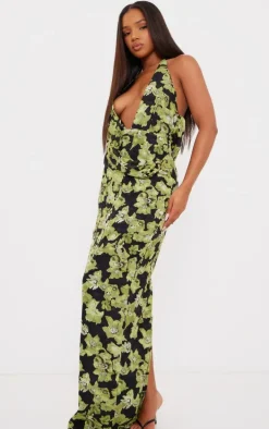 Green Floral Printed Woven Wrap Cowl Neck Maxi Dress