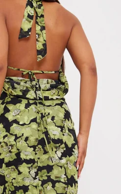 Green Floral Printed Woven Wrap Cowl Neck Maxi Dress