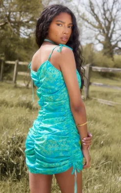 Green Floral Ruched Strappy Halterneck Bodycon Dress