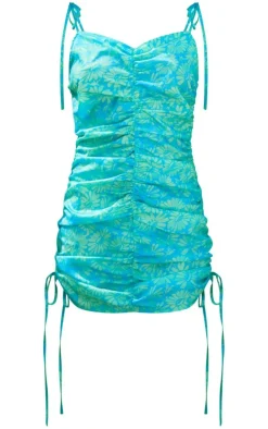 Green Floral Ruched Strappy Halterneck Bodycon Dress