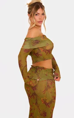 Green Floral Sheer Burnout Mesh Fold Over Hem Long Sleeve Bardot Top
