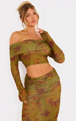 Green Floral Sheer Burnout Mesh Fold Over Hem Long Sleeve Bardot Top