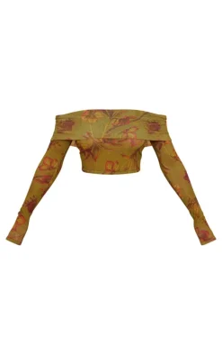 Green Floral Sheer Burnout Mesh Fold Over Hem Long Sleeve Bardot Top