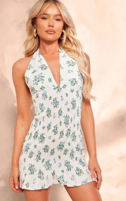 Green Floral Shirred Halterneck Bodycon Dress