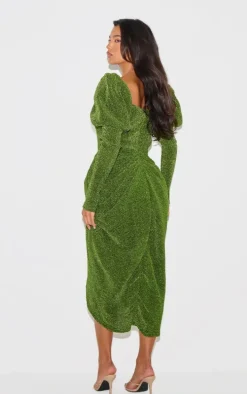 Green Glitter Plisse Puff Sleeve V Bar Draped Midi Dress