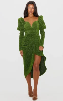Green Glitter Plisse Puff Sleeve V Bar Draped Midi Dress