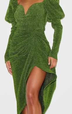 Green Glitter Plisse Puff Sleeve V Bar Draped Midi Dress