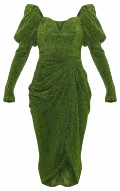 Green Glitter Plisse Puff Sleeve V Bar Draped Midi Dress