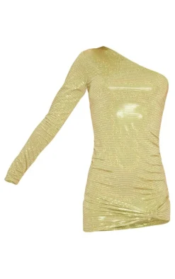 Green Glitter Slinky One Sleeve Knot Detail Bodycon Dress