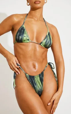 Green Grunge Print Tie Side Bikini Bottoms