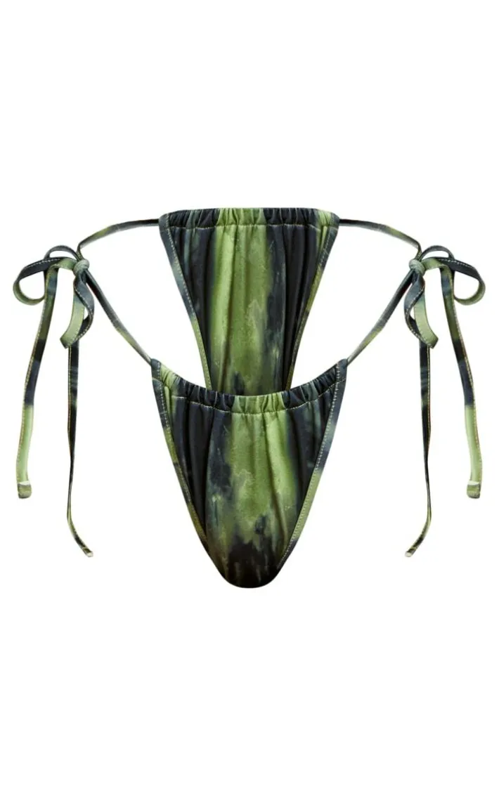 Green Grunge Print Tie Side Bikini Bottoms