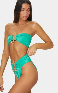 Green Hammered Trim High Waist Bikini Bottoms