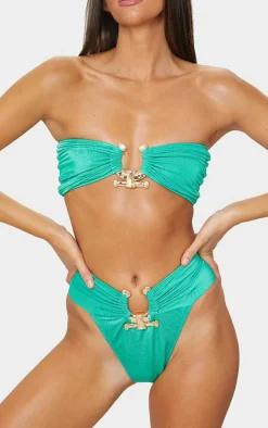 Green Hammered Trim High Waist Bikini Bottoms