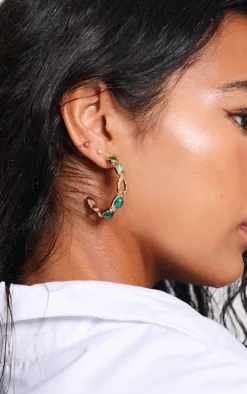 Green Jewel Detail Hoop Earrrings