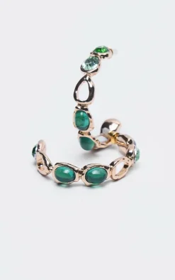 Green Jewel Detail Hoop Earrrings