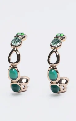Green Jewel Detail Hoop Earrrings