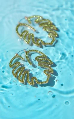 Green Jeweled Palm Leaf Statement Earrings