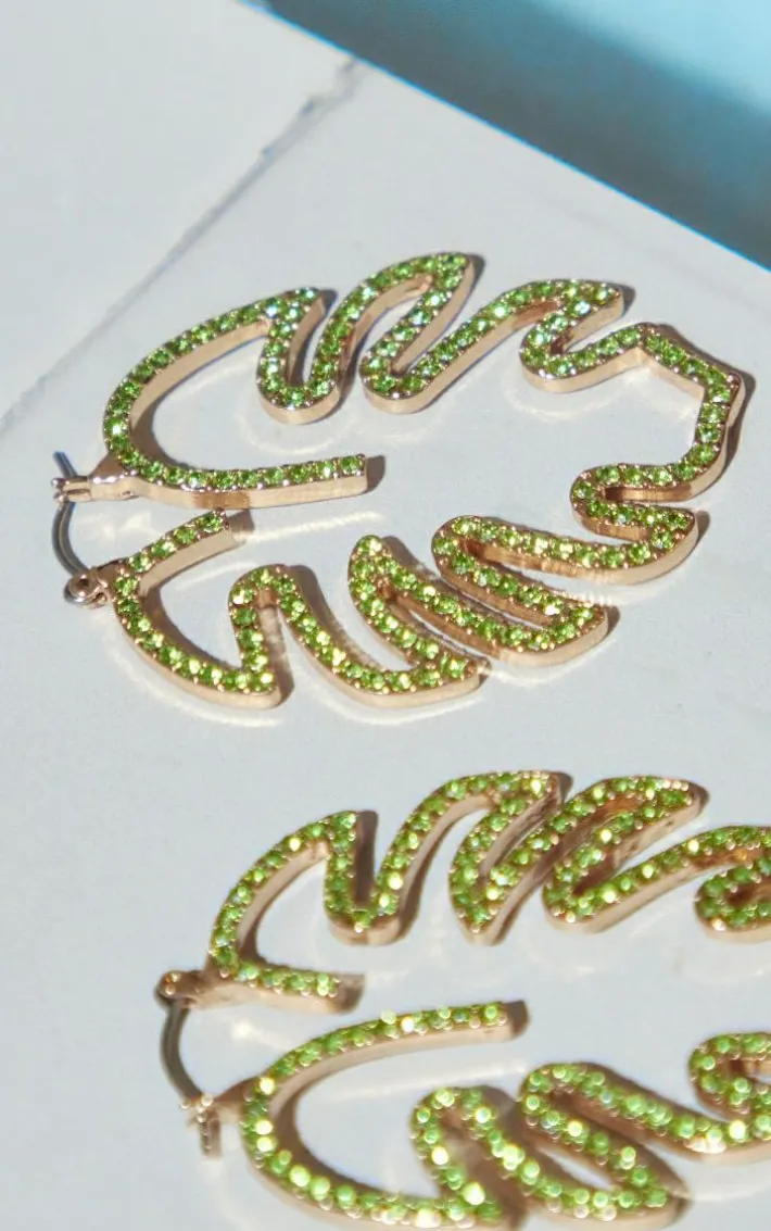 Green Jeweled Palm Leaf Statement Earrings