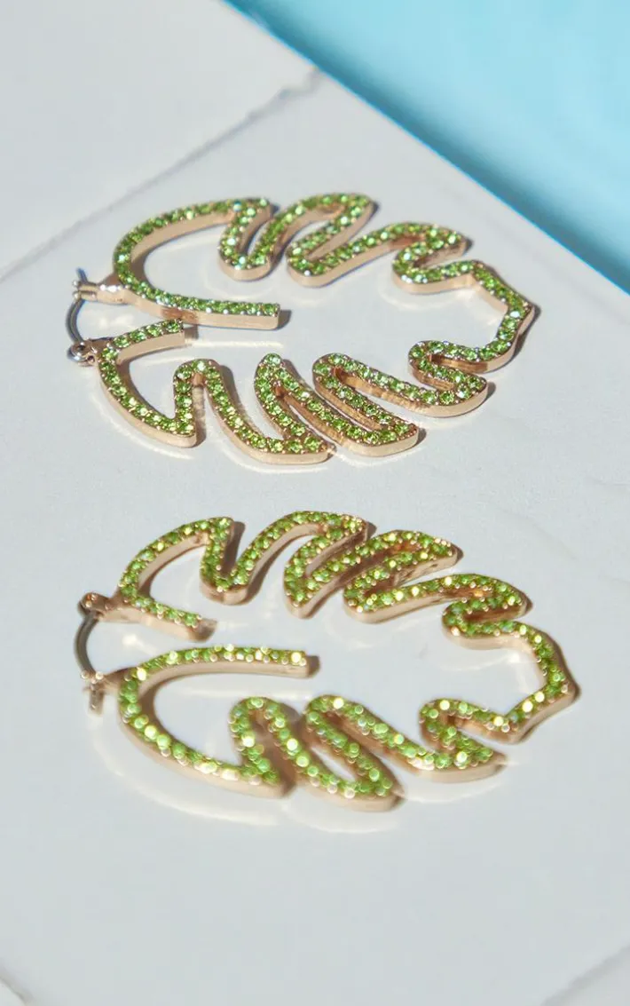 Green Jeweled Palm Leaf Statement Earrings