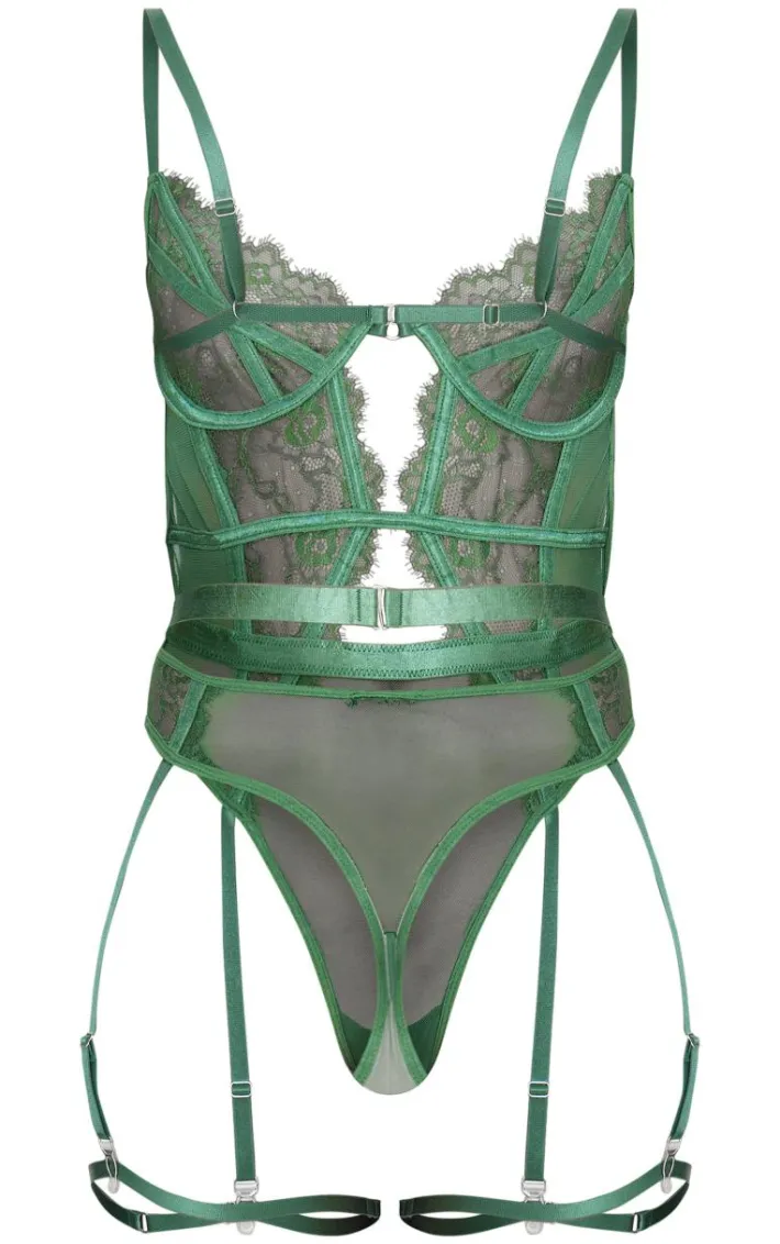 Green Lace Suspender Lingerie Bodysuit