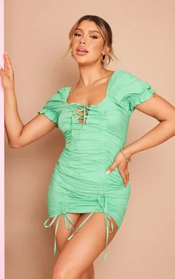 Green Lace Up Ruched Puff Sleeve Bodycon Dress