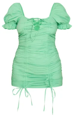 Green Lace Up Ruched Puff Sleeve Bodycon Dress