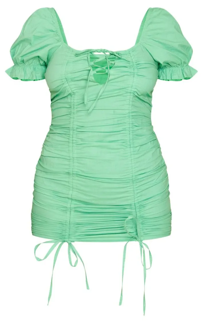 Green Lace Up Ruched Puff Sleeve Bodycon Dress