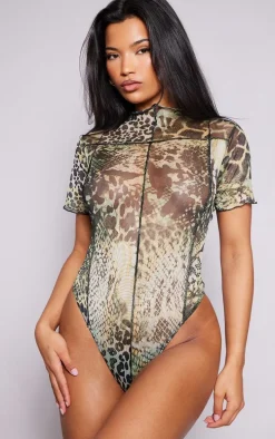 Green Leopard Print Mesh Exposed Seam Bodysuit
