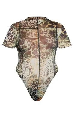 Green Leopard Print Mesh Exposed Seam Bodysuit