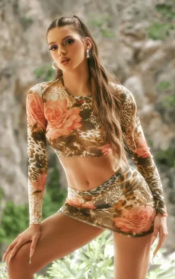 Green Leopard Print Mesh Long Sleeve Crop Top