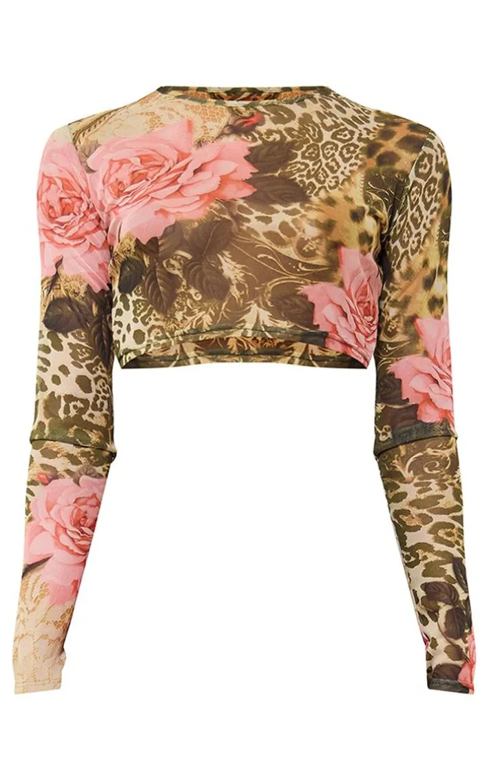 Green Leopard Print Mesh Long Sleeve Crop Top