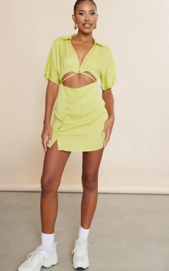 Green Linen Look Cut Out Waist Button Skirt Shirt Dress
