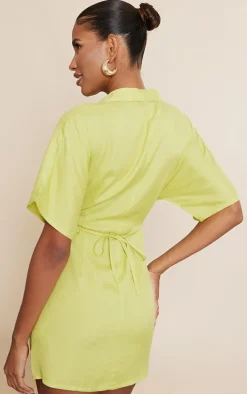 Green Linen Look Cut Out Waist Button Skirt Shirt Dress