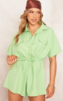 Green Linen Look Tie Waist Shirt Style Romper