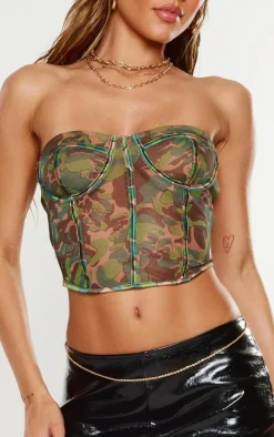 Green Mesh Boned Printed Long Corset