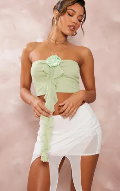 Green Mesh Floral Applique Frill Bandeau Crop Top