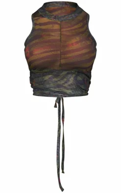 Green Mesh Printed Ruched Hem Top