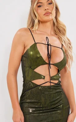 Green Metallic Printed Jersey Cut Out Ring Detail Strappy Bodycon Dress