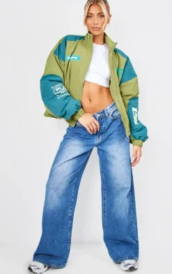 Green Nylon Oversized Racer Graphic Bomber Jacket