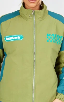 Green Nylon Oversized Racer Graphic Bomber Jacket