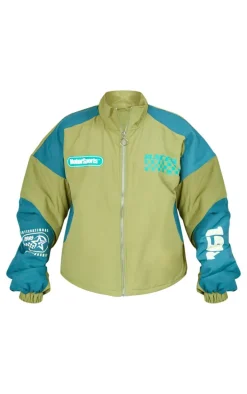 Green Nylon Oversized Racer Graphic Bomber Jacket
