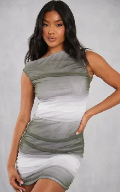 Green Ombre Print Mesh Ruched Bodycon Dress