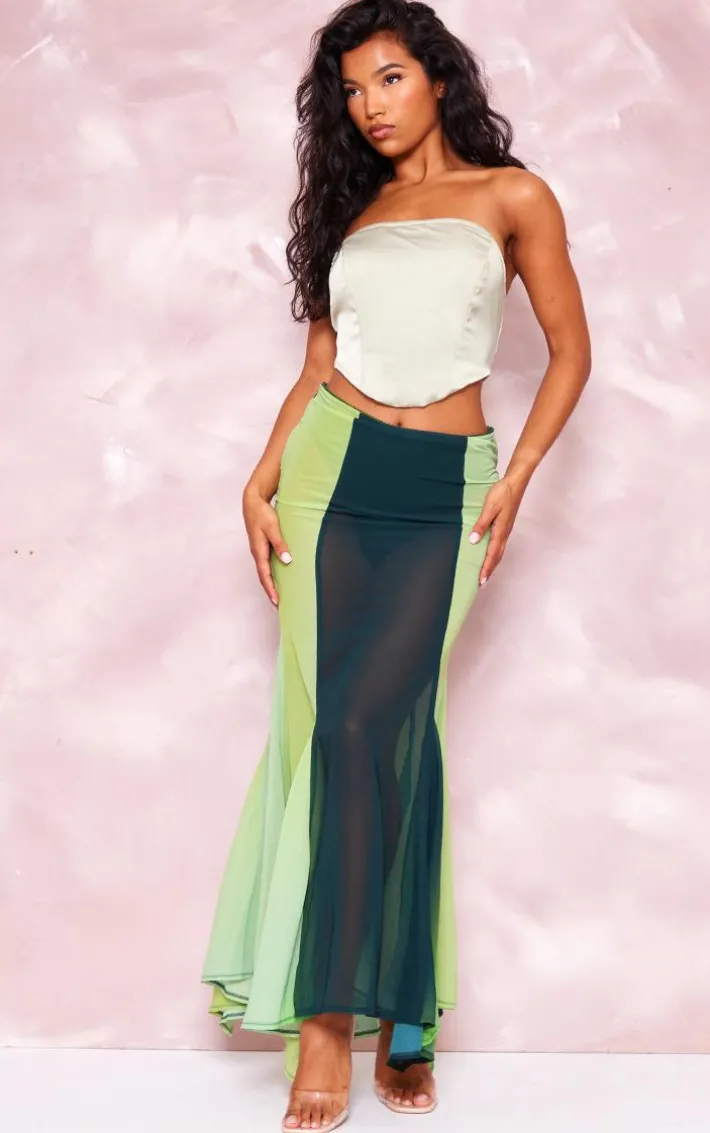 Green Ombre Printed Chiffon Handkerchief Hem Maxi Skirt