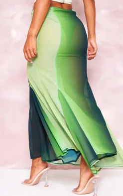 Green Ombre Printed Chiffon Handkerchief Hem Maxi Skirt