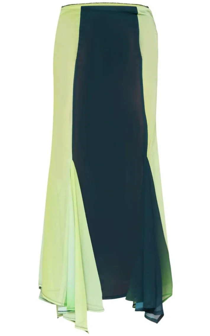 Green Ombre Printed Chiffon Handkerchief Hem Maxi Skirt